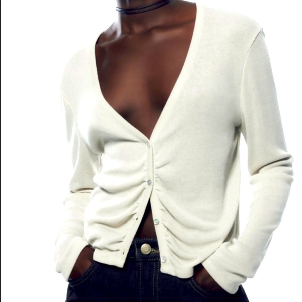 Zara Ivory V-Neck Ruched Button Cardigan Sweater